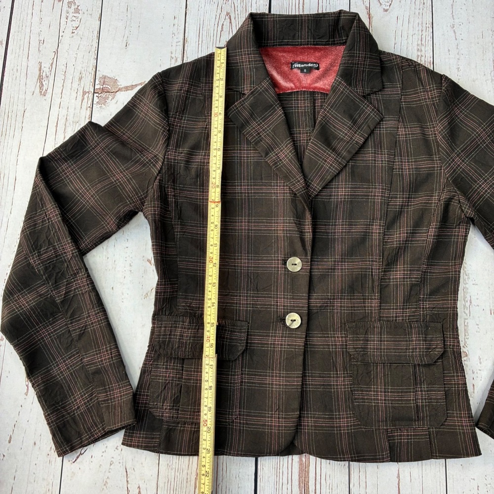 Mandee Womens Brown Plaid Two Button Blazer Jacket Small Pink Accents - Picture 4 of 9